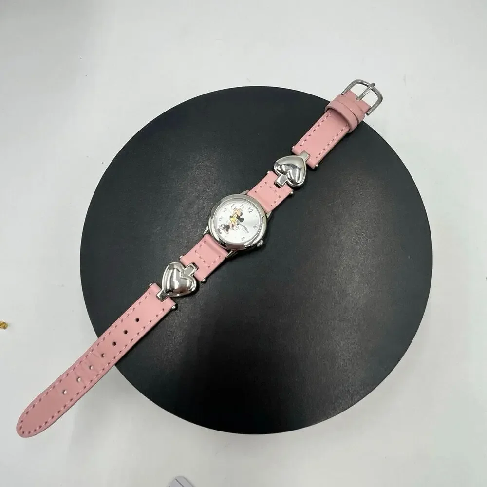 Disney Time Works Girls MINNIE MOUSE Watch Pink‎ Band Leather Hearts New Battery